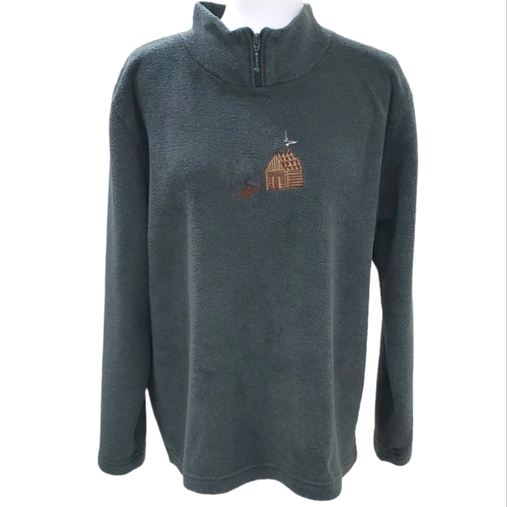 Christopher and Banks fleece pullover women's Large green zip collar embroidery